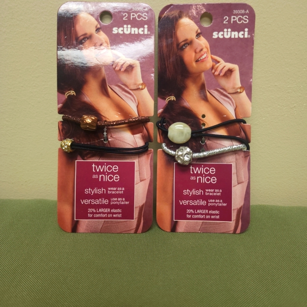 2 Packs Lot Of 4 Pieces Hair Ties & Bracelet Combo By Scünci Twice As Nice